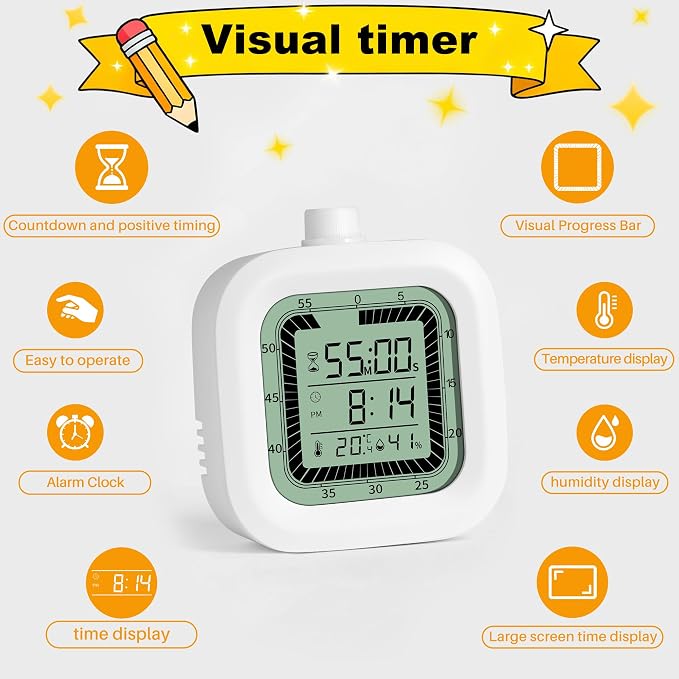 Visual Timer, 60 Minutes Countdown & Countup Timer, Digital Alarm Clock with Temperature and Humidity Monitor, 4 in 1 Multifunctional Desk Clock for Kids Study, Kitchen, Office and Home,Black