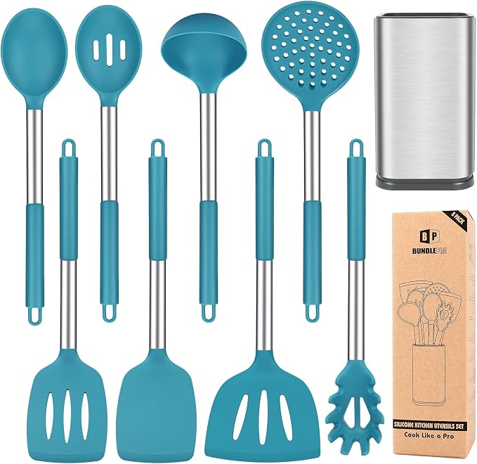 Silicone Cooking Utensils Set, 8 Pcs Kitchen Utensils with Holder, Blue | BPA Free and Heat Resistant, Kitchen Tools for Non Stick Cookware include Spatulas, Turners, Spoons, Skimmer and Pasta Fork
