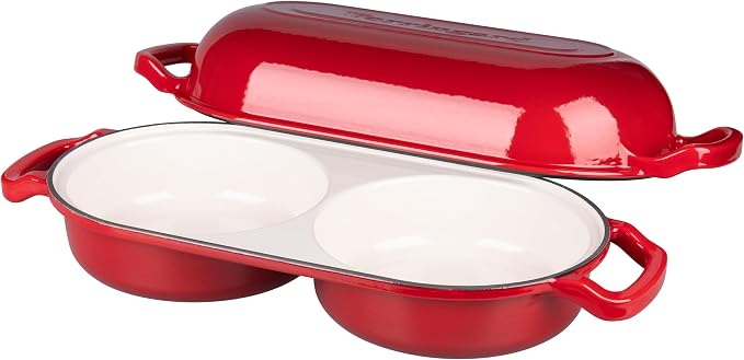 Enameled Cast Iron Double Dutch Oven with Lid, Dual Round Loaf Pan, Bread pan for Homemade Sourdough Bread Baking, Red