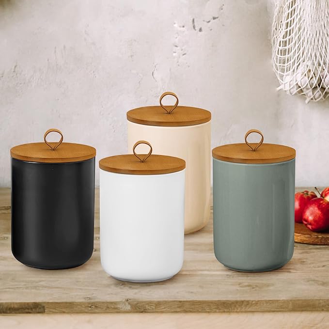 Ceramic Storage Jars, Modern Airtight Canisters with Wooden Lid (Light grey)