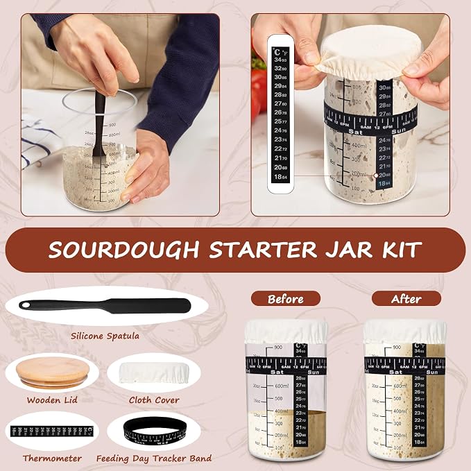 EWFEN Sourdough Starter Kit with Enamel Cast Iron Pot, Complete Sourdough Bread Baking Supplies, Round & Oval Bread Proofing Basket with 34 Oz Starter Jar, Bread Making Tools Kit