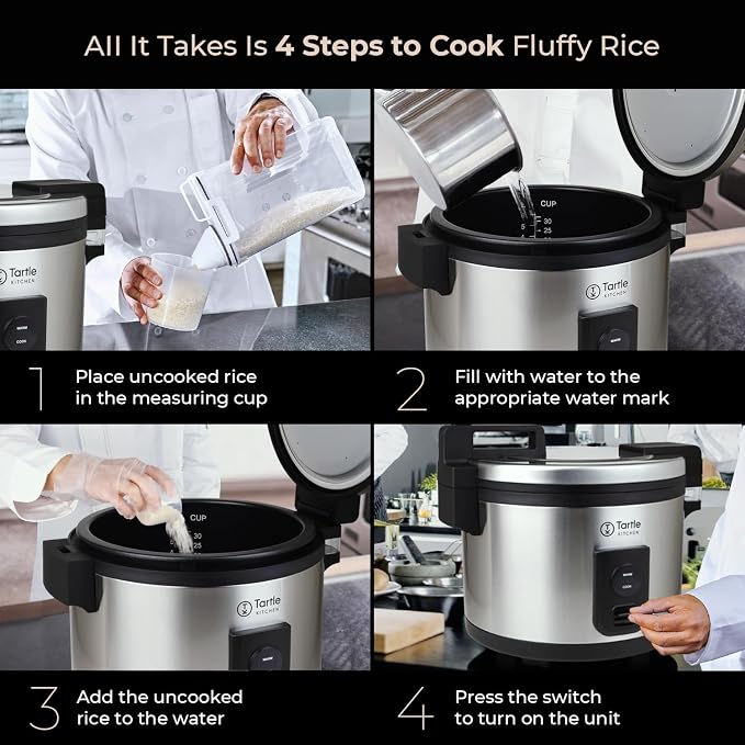 TK Commercial Rice Cooker 64 Cup - Large Capacity Nonstick Pot - Auto Warm | 32 uncooked cups ready in 45 min; 3D heating for evenly cooked rice; Stainless steel body; Swappable TK pot; Cup & scoop