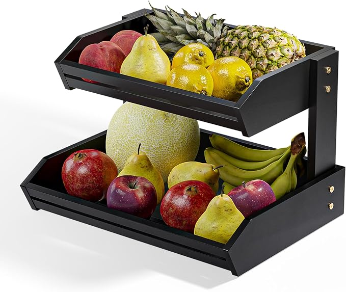 HOLANA Acacia 2 Tier Fruit Basket, Easy Assembly, Versatile Use (Black) | Solid Acacia Wood, Non-slip Pads, 20LBS Capacity, Slatted Design, Multi-Purpose Storage for Fruit & Vegetable, Pantry Bin