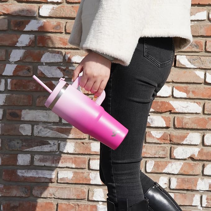 Konokyo 30 oz Insulated Tumbler Water Bottle with Handle, Straw Lid | BPA-free and dishwasher safe; made for gym, travel, coffee and gifting, 2 straws, cup holder friendly,Gum