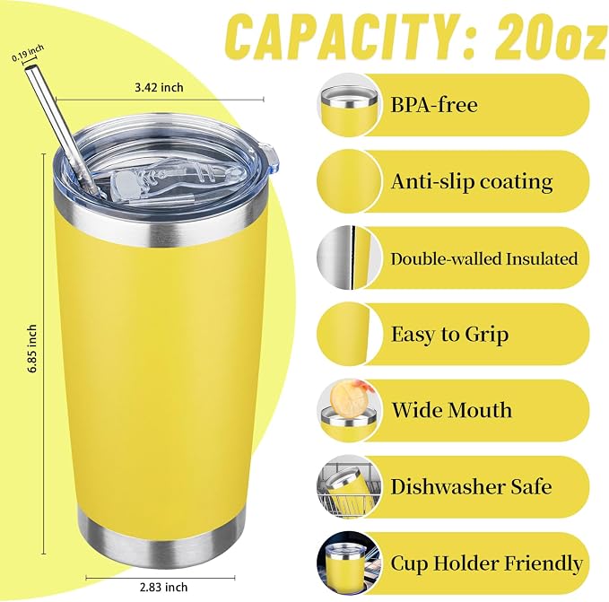 20 oz Tumbler with Lids and Straws, Stainless Steel Insulated Travel Coffee Mug, Double Wall Vacuum Insulated Tumblers, Powder Coated Coffee Tumbler for Cold & Hot Drinks (Yellow, 6 Pack)