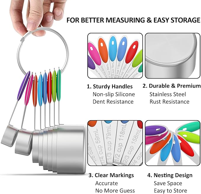 Wildone Measuring Cups and Magnetic Measuring Spoons Set, 21Pcs | 8 Stainless Measuring Cups, 7 Magnetic Measuring Spoons, Leveler & 5 Mini Spoons for Spice Jar and Liquid, Multicolor