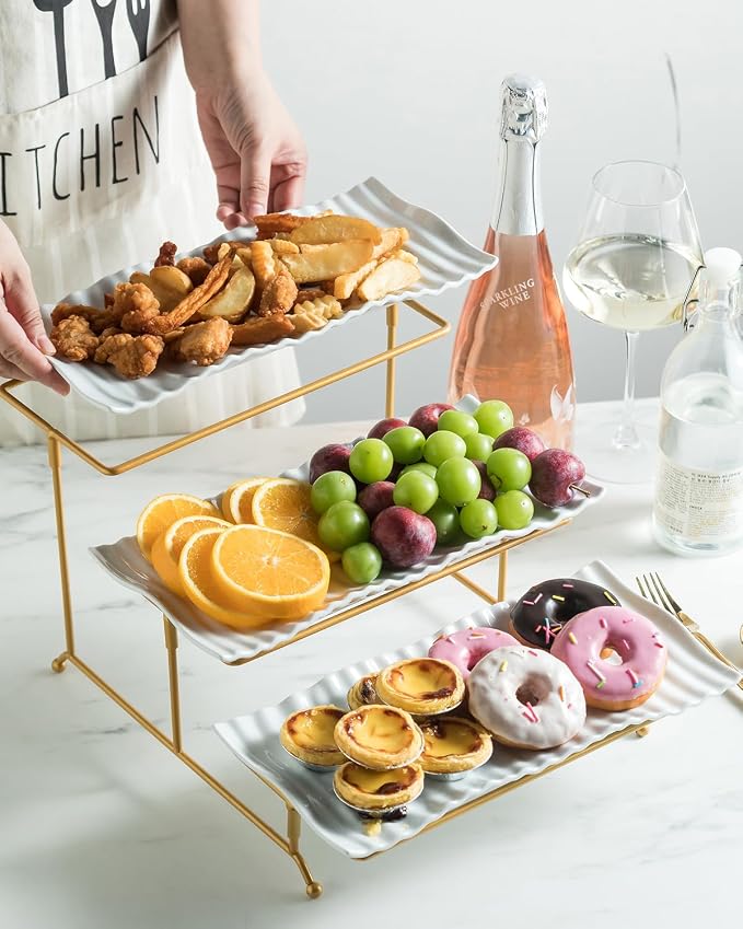 LAUCHUH 3 Tier Trays Stand, Porcelain Tiered Serving Trays Serving Stand | Serving Platters with Collapsible Sturdier Stand Dessert Table Display Set for Thanksgiving Christmas Party, Gold, 12.2 Inch