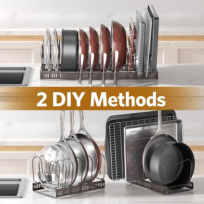Pots and Pans Organizer under Cabinet, 11.8-22.8" 12 Dividers Silver | Extends 11.8-22.8", Holds pot lids, pans, cookware and bakeware, Adjustable dividers, for under cabinet or countertop