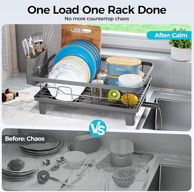 Urakify Dish Drying Rack for Kitchen Counter, 16.5" L x 12.2" W, Grey | Large Dish Drainer with Cutlery Holder, Sink Dish Rack with Drainboard for plate dish silverware, Space Saving