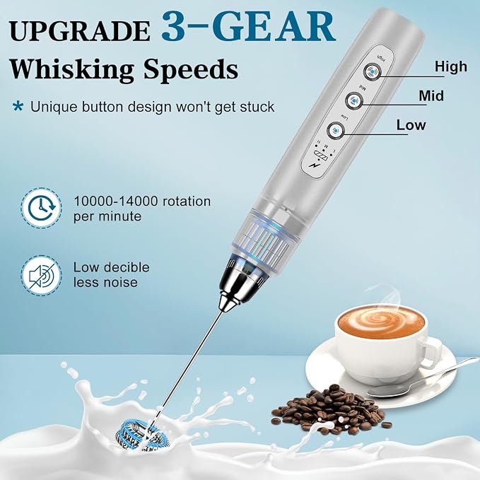 Milk Frother Wand Rechargeable Handheld Whisk Coffee 3 Speed Adjustable | Electric Whisk Drink Mixer with Stainless 3 Whisks Hand Frother , Foam Maker for Latte Cappuccino Matcha Egg Silver