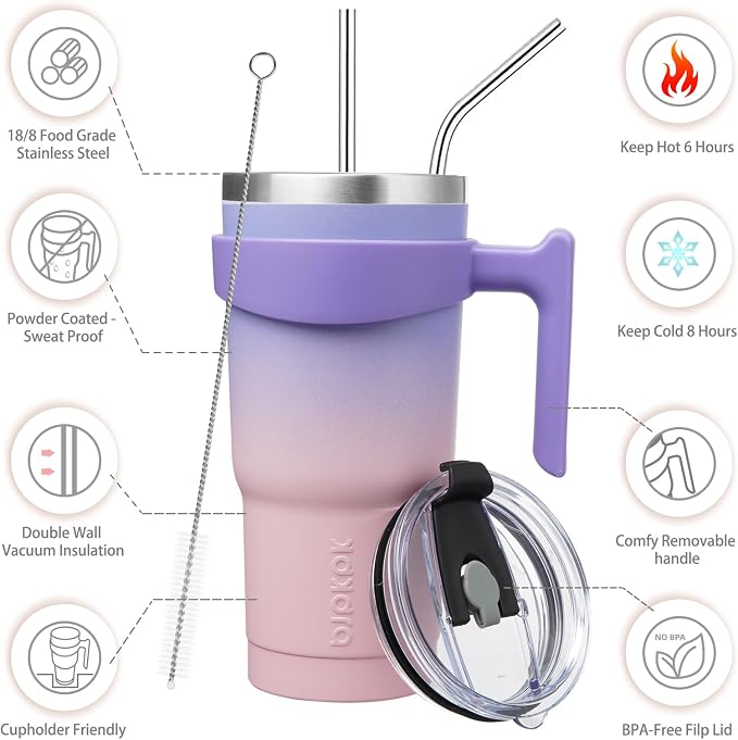 BJPKPK 20 oz Tumbler with Handle & Straw, Insulated Stainless Steel Mug | Double Wall Vacuum, Keeps Hot/Cold, Thermal Cup, BPA Free, Dishwasher Safe, Cupholder Fit, Coffee & Travel, Pastel Sunset
