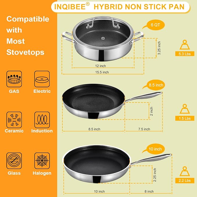 Inqibee 6 QT Saute Pan with Lid & 8.5-10‘’ Frying Pans Set, Ceramic Coating | Tri-Ply Stainless Steel Hybrid Nonstick Cookware Set, PFOA Free, Induction Ready, Dishwasher & Oven Safe