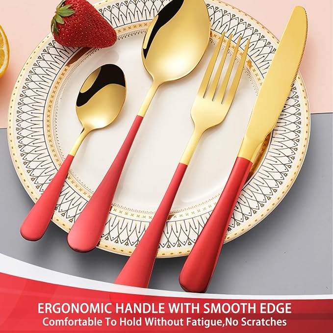 24 Pieces Silverware Set, Stainless Steel Flatware Set with Silverware Holder Spoons Forks Knives,Utensils Set Service for 6,Gold Mirror Polished and Matte Painted Cutlery Set (Red)