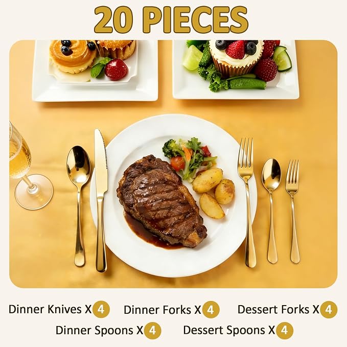 20 Piece Silverware Set, Kitchen Utensils Set for Restaurant & Home, Stainless Steel Cutlery Set, Flatware Set include Forks, Knives, Spoons, Gold