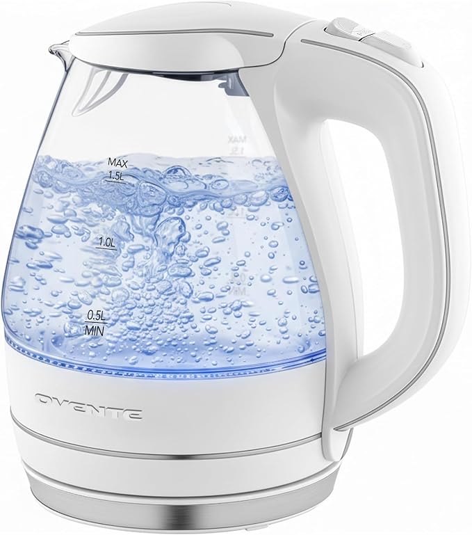 OVENTE Electric Kettle,1.5L Borosilicate Glass Countertop Water Heater & Boiler for Coffee or Tea,BPA-Free,Auto Shut-Off,Boil-Dry Protection,Removable & Washable Spout Filter,White KG83W,(Pack of 8)
