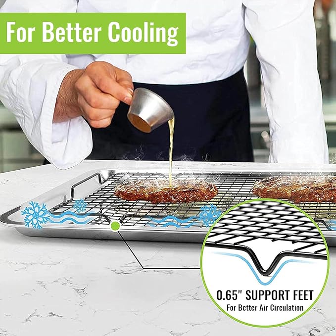 HULISEN Cooling Rack 4-Pack, 16 x 10 Inch Nonstick Baking Rack with Handles | Fits Half Sheet Pan, Oven Safe 500°F, Easy Lift Design for Cookies, Cakes & Baked, Cookie Cooling, Baking, Cooking, Grilling
