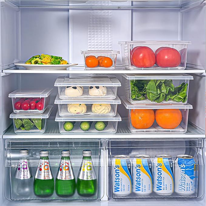 4PCS Food Storage Container, Plastic Food Containers X-Large | [With Removable Drain Plate and Lid], [Stackable Portable Freezer Storage Containers]-Tray to Keep Fruits, Vegetables, Meat