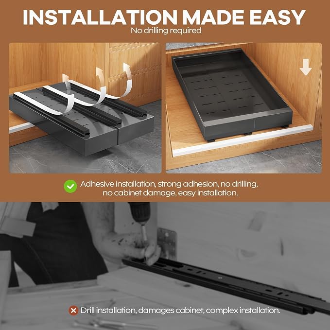 Seinloes 2 Pack Expandable (9"-14") Pull Out Cabinet Organizer 21" Deep With Raising Pad for Framed Cabinets,Upgrade 3 Slide Rails Slide Out Drawers,No Drill Roll Out Shelves Adhesive,Black