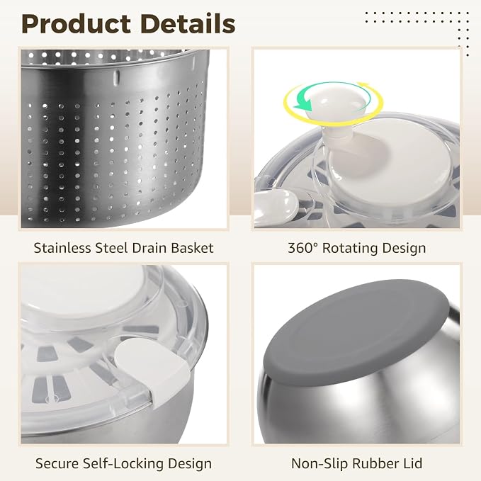 Large Stainless Steel Salad Spinner, Lettuce Spinner Vegetable Strainer Set | Fruit Straining Spinner with Self-Locking Lid, Kitchen Strainers, Dishwasher Safe