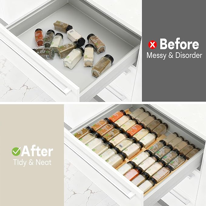 Bamboo Spice Drawer Organizer, 4-Tier Spice Rack for Cabinet | 12"-23" Expandable,No Assembly,Seasoning Storage Insert,(Need 3.1” Deep Drawer) Spice Organizer for Drawer,Jars Not Included