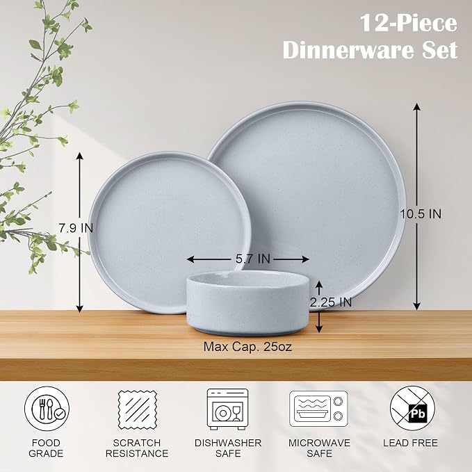 E-far Stoneware Dinnerware Sets, 12-Piece Plates and Bowls Set for 4, Gray | Kitchen Modern Dishes Dining Ware, Chip and Scratch Resistant, Microwave & Dishwasher Safe, Speckled Gray