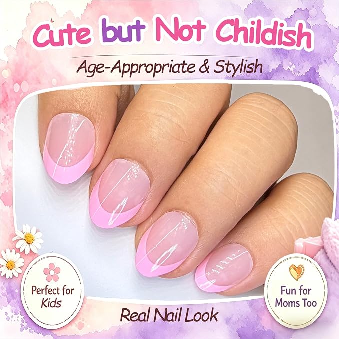 120Pcs Pink French Tip Press On Nails for Kids, 5 Pack Almond False Nails | Kids Press on Nails for 8-12, Non-Toxic, 12 Size, Fashion Nail Kit with Adhesive Tabs, Nail File, for Every Outfit