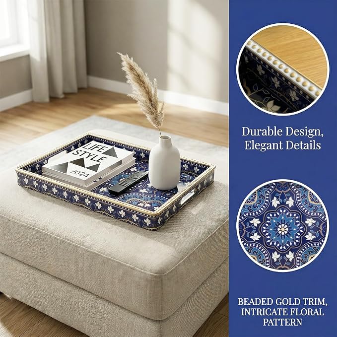 Boho Serving Tray with Handles, Large Rectangular Decorative Ottoman Tray with Gold Beaded Rim, Blue Floral Mandala Design, for Coffee Table, Kitchen Counter, Vanity, 15.7”x11.8”