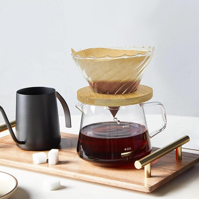 Gute Glass Pour Over Coffee Dripper with Bamboo Stand & Handle,1-4 Cups | Spiral Inner Design,Heatproof Glass,Detachable Bamboo Base,With Handle,Rinse Clean in 1Min,Fits Most Mugs & Thermoses
