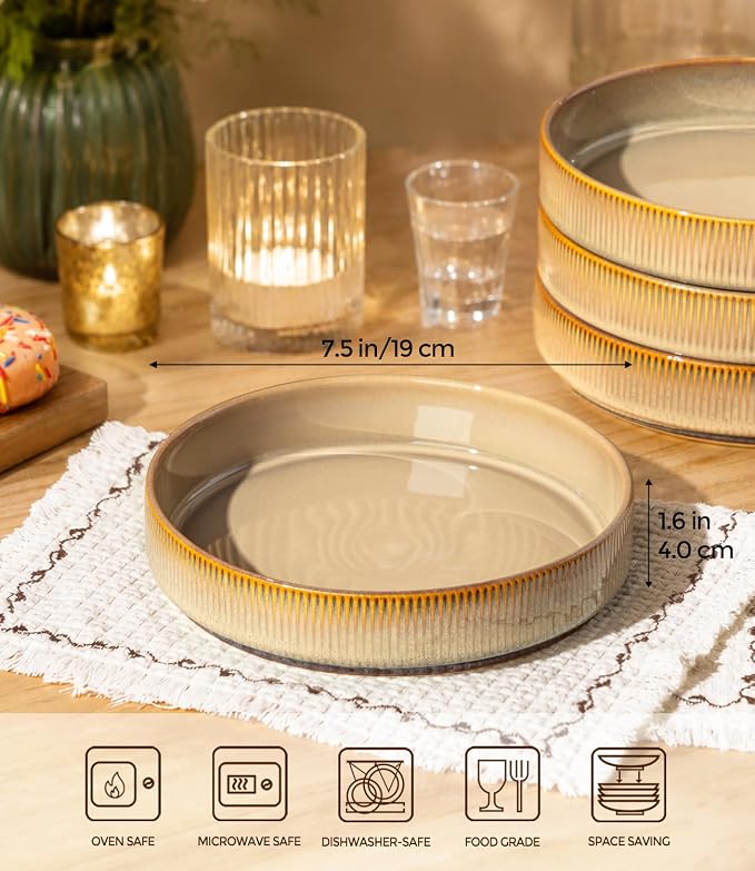 7.5" Ceramic Pasta Bowls Set of 4, Salad Bowls | Versatile Serving Bowls for Pasta, Salad, Fruit & Noodles, Housewarming & Wedding Gift, Creamy Amber