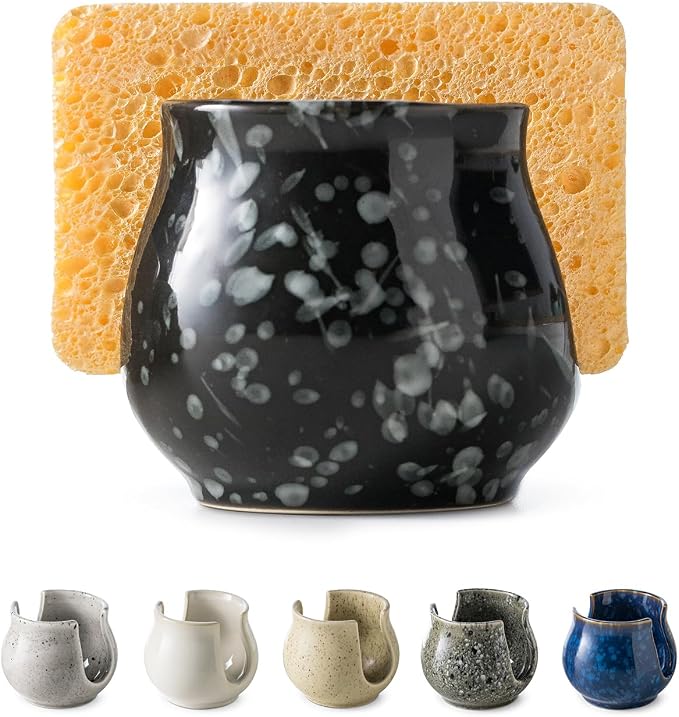 Zoeeker Kitchen Sponge Holder, Ceramic Dish Sponge Holder for Kitchen Sink | Scrub Sponge Dish Rack Sink Caddy Organizer Brush Holder Kitchen Storage Accessories for Bathroom, Sink, Countertop, Black