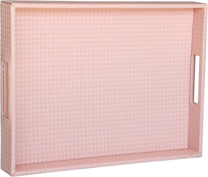 HofferRuffer Rectangle Serving Tray with Hole Handles for Coffee Table, Breakfast, Tea, Food, Butler - Countertop, Kitchen, Vanity Serve Tray, 16.2 x 12.2 x 2 inches, Faux Leather (Pink)