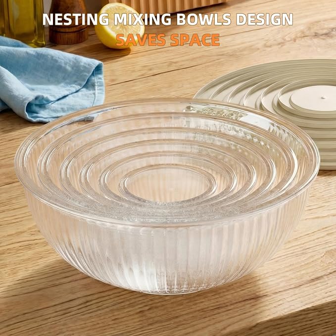 Glass Mixing Bowls with Lids Sets - 6 Packs Size: 5.9-3.7-2.1-1-0.5-0.2QT, Borosilicate Nesting Glass Bowls Containers for Baking,Salad,Meal Prep,Serving,Food Storage,BPA Free & Dishwasher Safe