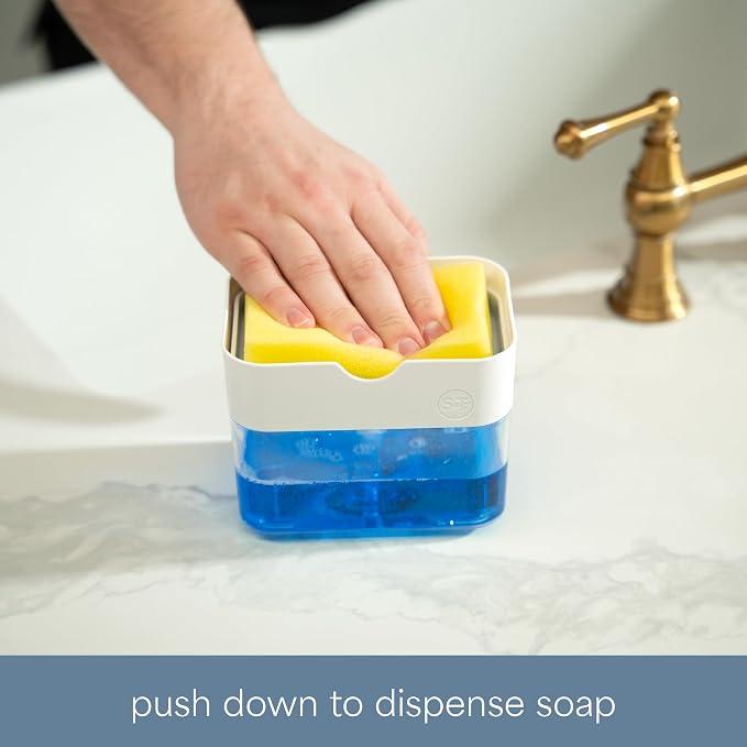 S&T INC. Dish Soap Dispenser and Sponge Holder, Matte White | Holds 13 Fluid Ounces, Sponge Included, Anti-Slid Feet, Push to Dispense Perfect Amount of Dish Soap