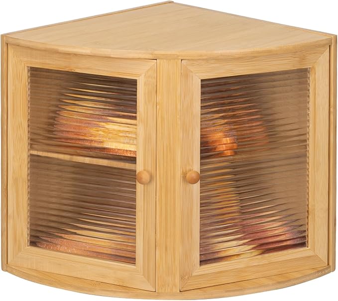Natural Bamboo Double Layers Bamboo Corner Bread Box for Kitchen Counter | Holds 2+ Loaves, Right Triangle Fits Counter Corners, Clear Window, Breathable Keeps Bread Fresh, Saves Small Kitchen Space