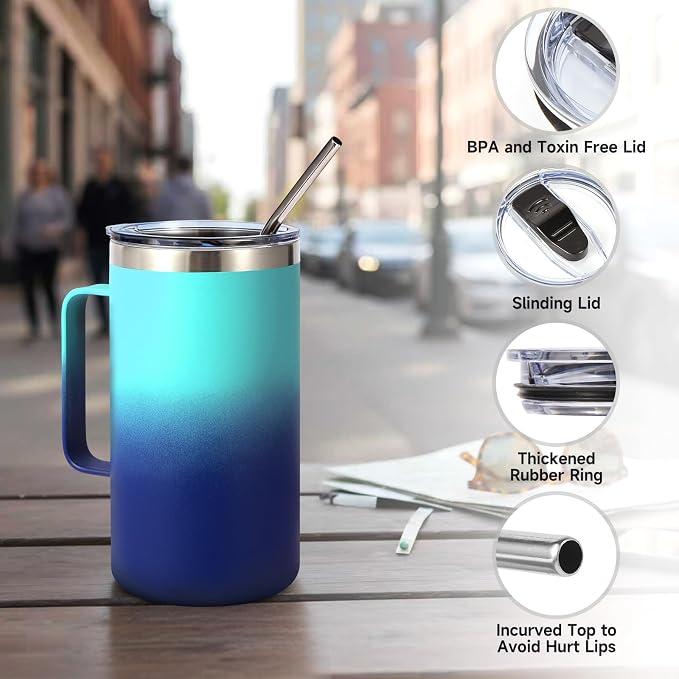 Volhoply 22oz Insulated Stainless Steel Coffee Mug with Leakproof Lid,Double Wall Vacuum Travel Coffee Cup with Handle,Reusable Metal Tumbler,Camping Mugs Keep Hot&Cold(Green Blue,1)