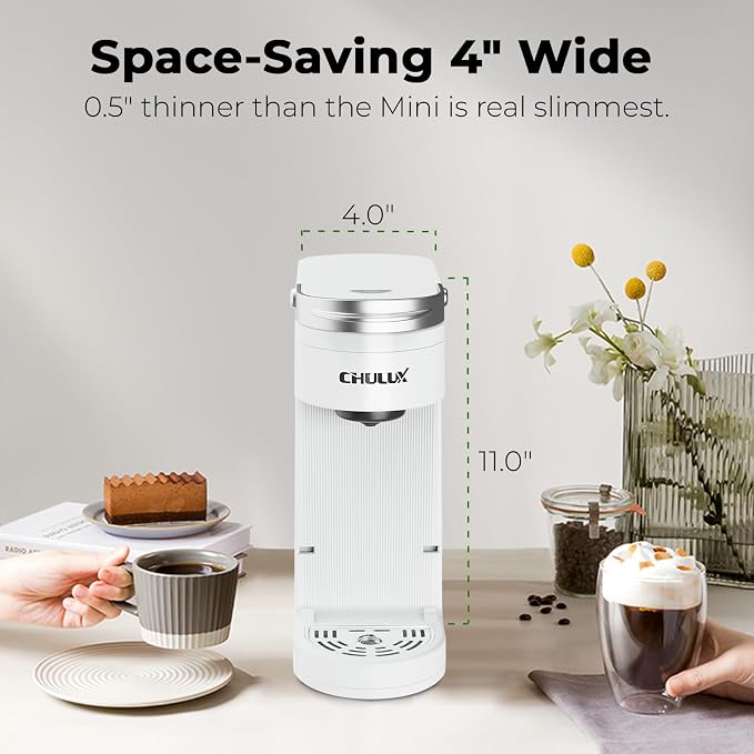 CHULUX Slim Single Serve Coffee Maker for K Pod, Brew Up to 12oz Cup, White | Fast-Heating Boiler Tech, 4-Hole Needle for Richer Flavor, Adjustable Drip Tray for 7.3" Travel Mug, Portable Compact Design