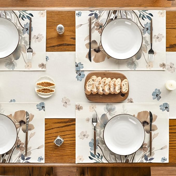 Artoid Mode Brown Poppy Floral Leaves Fall Placemats Set of 4, 12x18 Inch Seasonal Spring Table Mats for Party Kitchen Dining Decoration