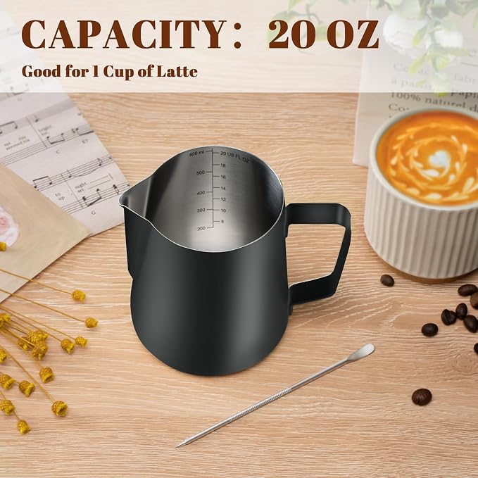 Amrules Milk Frothing Pitcher, 20oz Milk Frother Cup with Clear Scale, 304 Stainless Steel Cappuccino Espresso Machine Accessories for Barista Coffee Bar with Latte Art Pen, Black