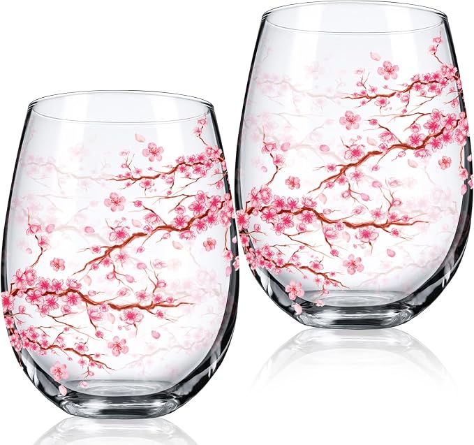 Sliner 2 Pack 17oz Cherry Blossom Stemless Wine Glasses Floral Drinking Glasses Cherry Blossom Tumbler Cups for Wedding Birthday Gift Parties Supplies