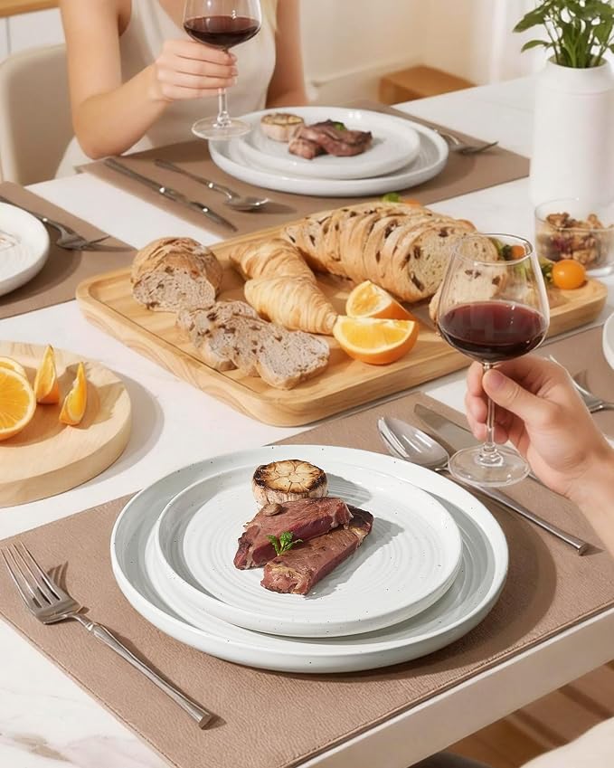 Stoneware Dinnerware Sets for 8, Plates and Bowls, White | 24-Piece Ceramic Speckled Spiral Dishes, Chip & Scratch Resistant, Microwave & Dishwasher Safe, Everyday Use, Farmhouse Style
