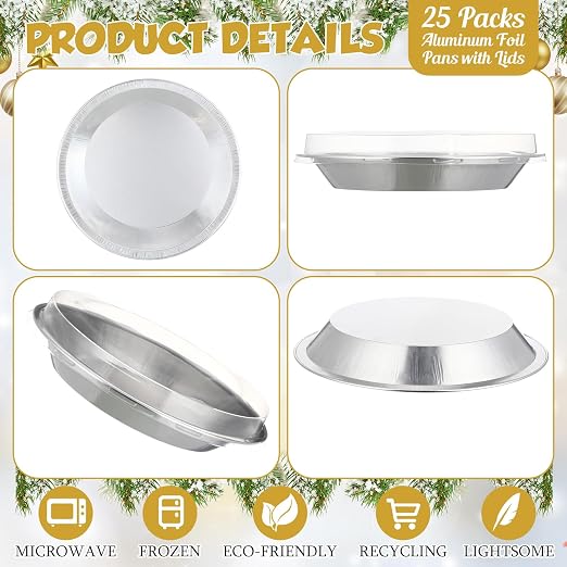 9 Inch Heavy Duty Aluminum Pie Tins Bulk with Lid, Oven and Freezer Safe Disposable Pie Pizza Pan Dessert Baking Cups for BBQ Camping Graduation Father's Day Party Favors(25 Pack,Silver)