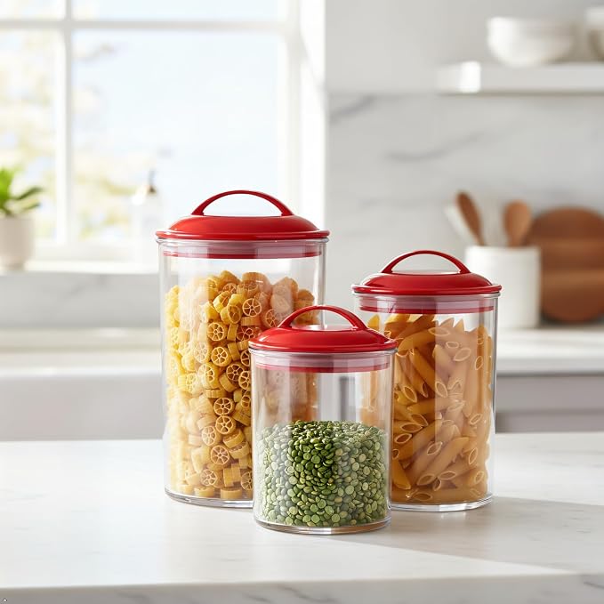 Food Storage Containers, BPA Free Airtight Canisters for Cereal, Pasta, Sugar, Coffee, Flour, Cookies, Loose Tea, for Kitchen Organization, Set of 3 by Reston Lloyd, Red