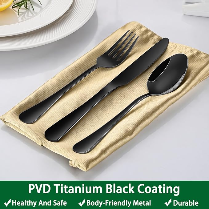 24-Piece Black Silverware Set with Steak Knives, Black Flatware Set for 4, Food-Grade Stainless Steel Tableware Cutlery Set, Mirror Finished Knife Spoon And Fork Sets for Home Restaurant
