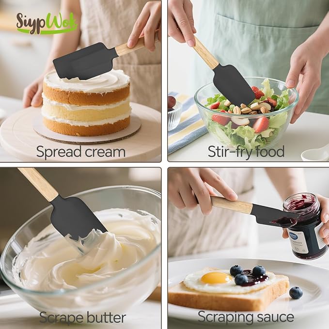 Silicone Spatula Set, Food Grade Rubber Spatula-4 Piece Nonstick Rubber Spatulas, Spoonula, Jar Scraper for Cooking, Baking, Mixing, Frosting - Heat Resistant Up to 600°F (4 Pcs Spatula Black)