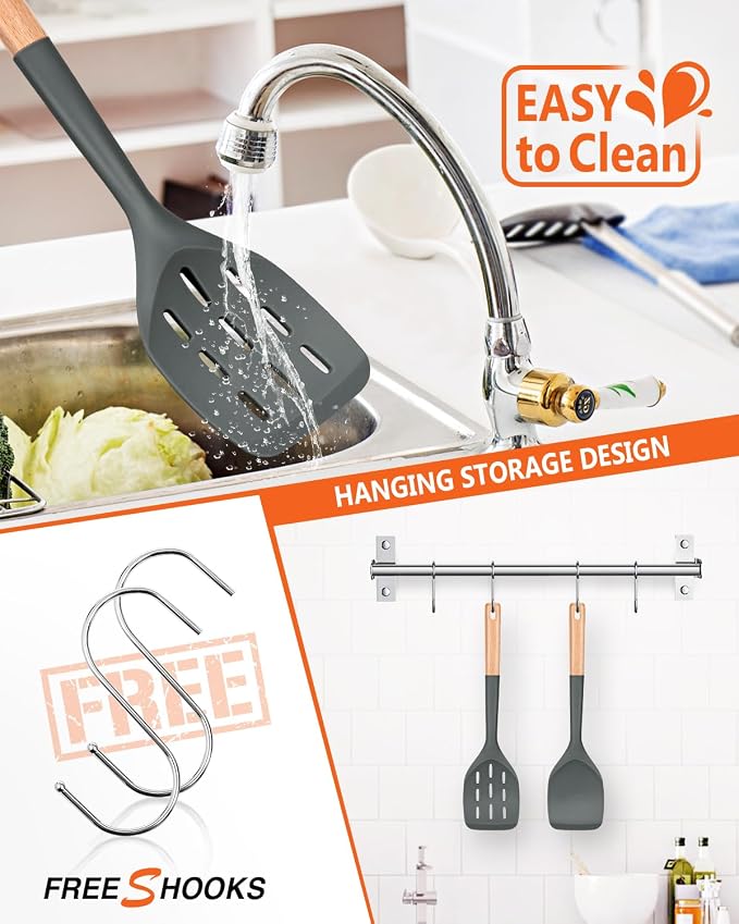 Silicone Spatula, Non Stick Turner for Cooking, Food Grade, Grey | Heat Resistant, Flexible Edge, 2 Pack Wooden Handle Kitchen Turner for Baking Mixing Grilling Serving Food