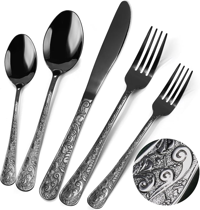 Meythway 60-Piece Vintage Carved Black Silverware Set for 12, Stainless Steel Flatware Set with Knife/Fork/Spoon, Cutlery Set for Home and Kitchen, Utensil Set with Dishwasher Safe