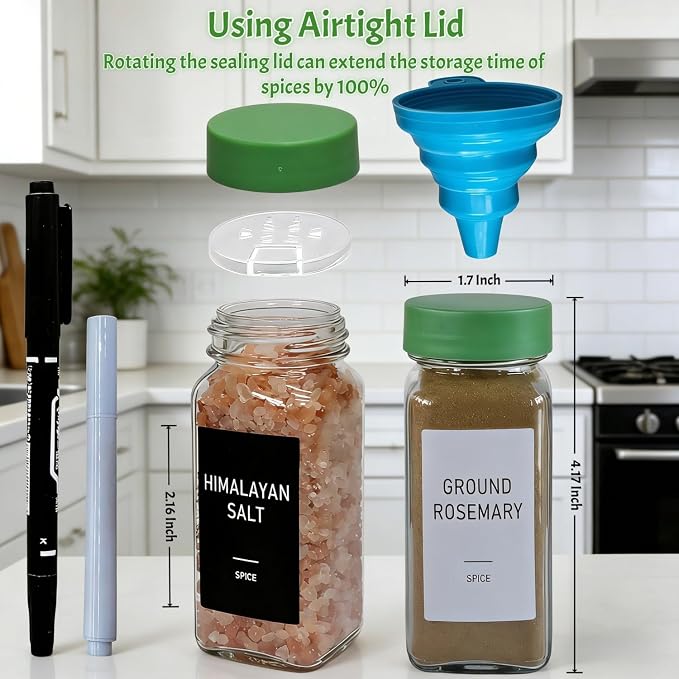 Spice Jars with Labels - 24 Glass Spice with Shaker Lids & Airtight Plastic Caps - 4oz Complete Seasoning Containers Organizer Set for Cabinet, Drawer & Rack (Green)