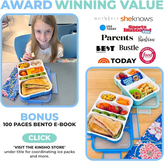 kinsho Bento Lunch-Box for Adults Kids Lunches, Portion Control Container Boxes for Women Girls Boys | Leak-Proof Snack Containers, BPA-Free Utensils 5 Compartments | Blue & Green 2 Pack Set