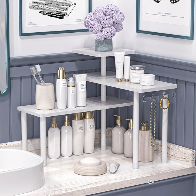 JayRex 3-Tier Bathroom Countertop Corner Shelf Organizer, White | Space-saving corner design organizes spices, skincare and toiletries on kitchen and bathroom counters.