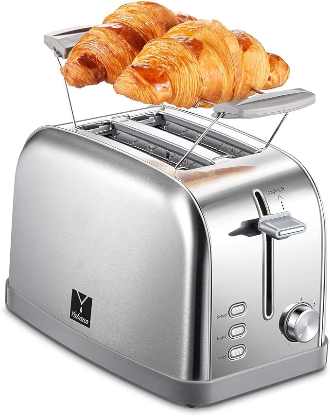 Yabano Retro Bagel Toaster 2 Slice with Extra Wide Slots | 7 Shade Settings, Defrost, Bagel And Cancel Functions, Removable Crumb Tray, Stainless Steel, Silver Finish